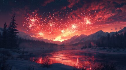A vibrant fireworks display above a snowy field with mountains silhouetted against the night sky The scene captures the beauty of winter and celebration in a peaceful setting 