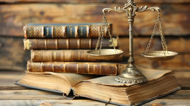 A vintage scale balances on open books, symbolizing justice and law.