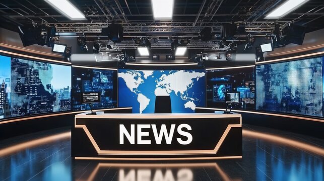 A virtual TV news studio with large LED screens displaying breaking news