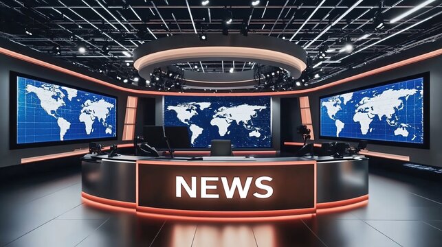 A virtual TV news studio with large LED screens displaying breaking news
