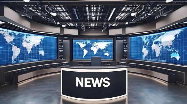 A virtual TV news studio with large LED screens displaying breaking news