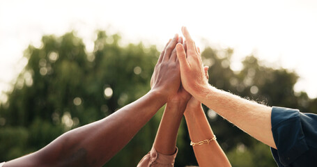 People, hands and high five with team in unity for collaboration, mission or solidarity in nature....
