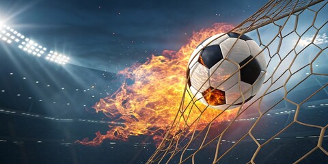 Explosive Soccer Goal Ball on Fire Soaring Through the Net V4