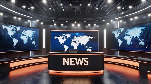 A virtual TV news studio with large LED screens displaying breaking news