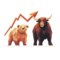 Stock market bear and bull with a red upward arrow.