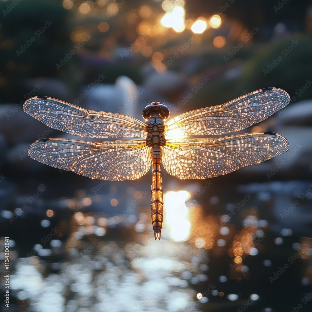 Poster a dragonfly with illuminated wings hovering over a shimmering water surface.
