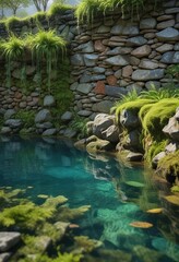 An old, moss-covered stone wall surrounding a crystal-clear water pool, peaceful, tranquil