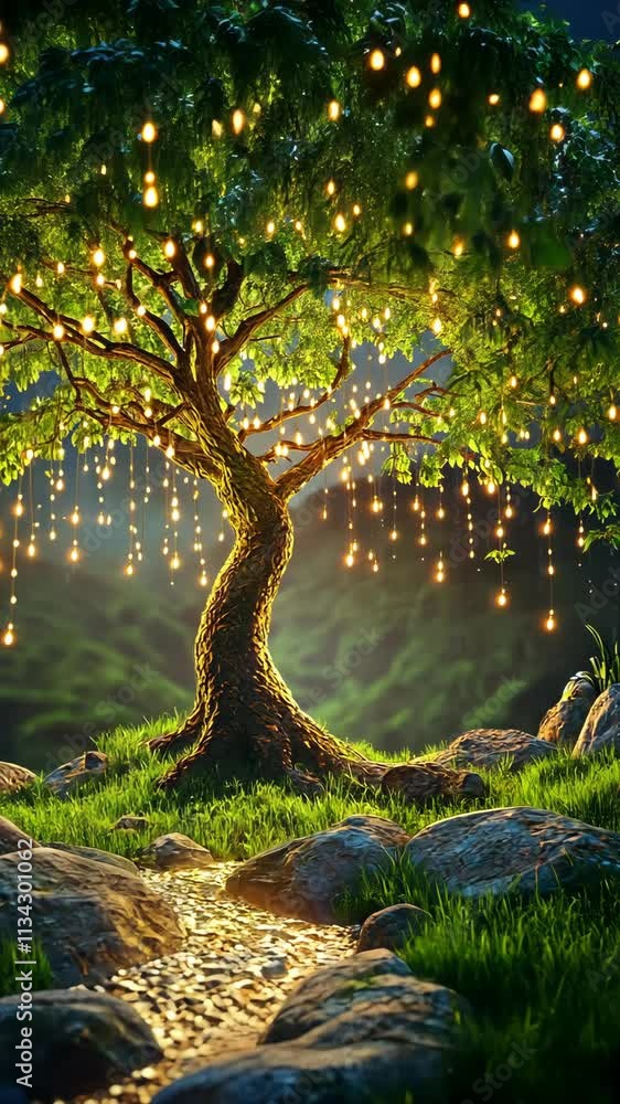 Aufkleber illuminated tree with hanging lights in a serene natural setting during twilight hours