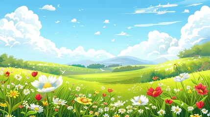 Fototapeta premium Vibrant Spring Meadow Under a Blue Sky