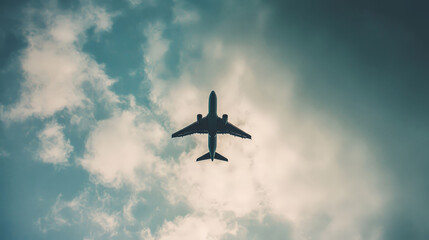 silhouette of an airplane soaring against a backdrop of soft, cloudy skies. The perspective is from below, capturing the majesty of flight and the vast expanse of the sky