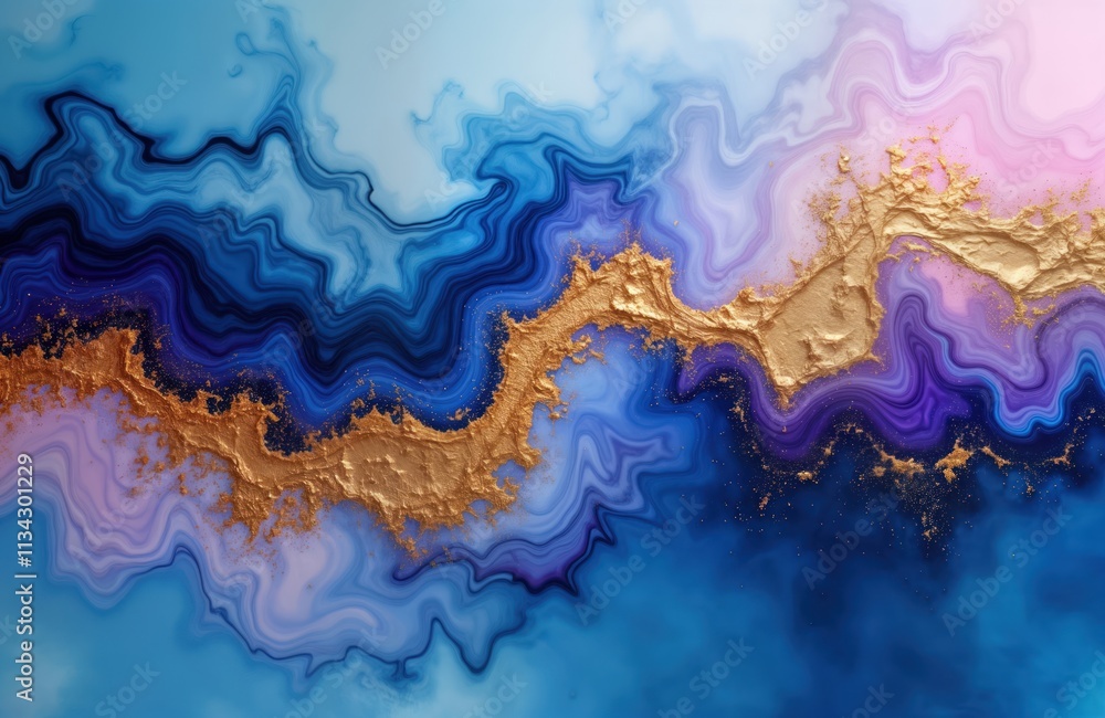 Aufkleber Abstract fluid art painting features elegant blue, purple alcohol ink background with golden swirls in pastel colors. Intricate patterns of flowing colors create dynamic visual effect. Unique artwork