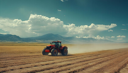Obraz premium A tractor plows through a field under a blue sky with clouds, showcasing agricultural work.