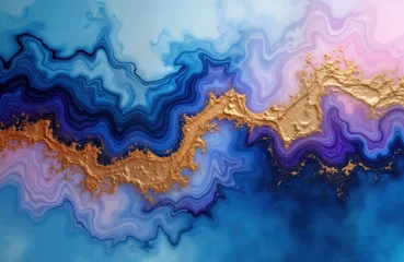 Wall murals Abstract fluid art painting features elegant blue, purple alcohol ink background with golden swirls in pastel colors. Intricate patterns of flowing colors create dynamic visual effect. Unique artwork