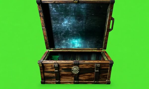 Open old wooden treasure box with glowing light old rusty metal edge open and empty front view on green screen