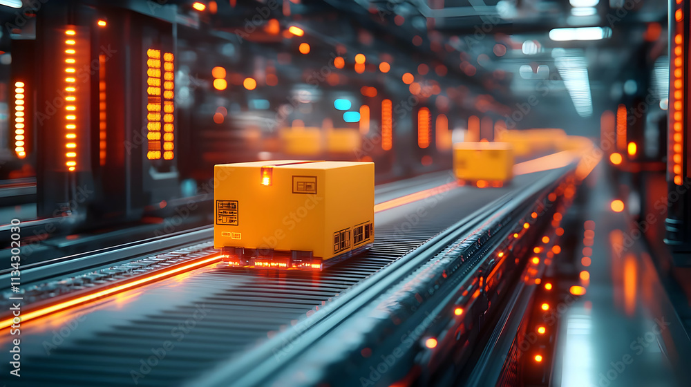 Poster automated conveyor system transporting yellow packages in a high-tech warehouse.