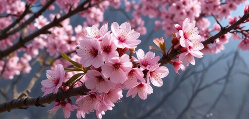 Pink cherry blossom on a branch with other flowers , blossom tree, floral arrangement