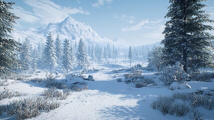 Winter landscape of mountains in a fir tree forest