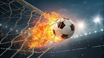 Fototapeta premium Explosive Soccer Goal Ball on Fire Soaring Through the Net V1