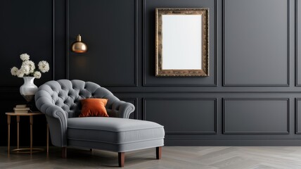 Luxurious bedroom with gilded frame and plush chaise lounge for product showcase.