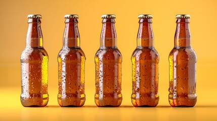 Five brown glass beer bottles with condensation on yellow backdrop.
