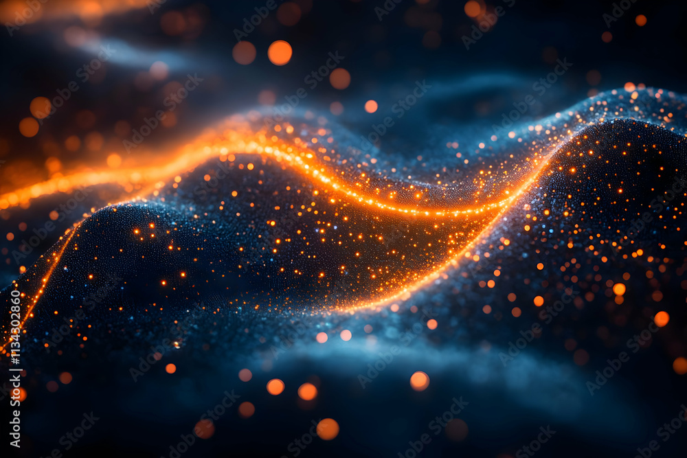 Poster abstract waves of light and particles create a dynamic, digital landscape.