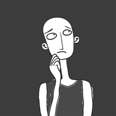 Black and white drawing of a contemplative figure.