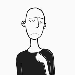 Black and white drawing of a contemplative figure.