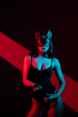 Woman in a Cat Mask Holds a Whip, Embodying the Essence of Sensuality and Power Within a Dramatic Lighting Setting