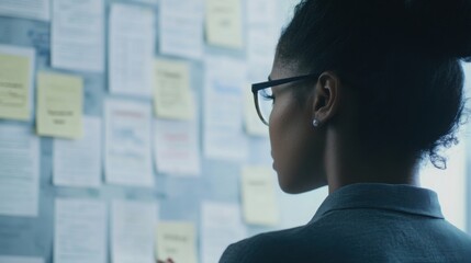 Person standing in front of a job listings board, scanning opportunities with a focused expression. The scene conveys the pursuit of career advancement and the search for meaningful employment.