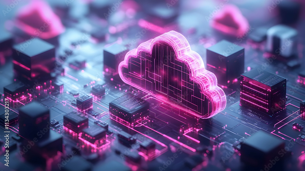 Poster a digital cloud icon illuminated in pink, surrounded by circuit-like elements and blocks.