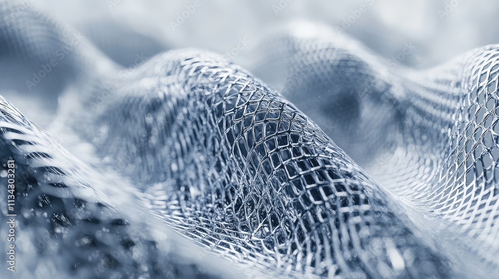 Poster a microscopic image of a metal mesh, with clear details of the fine woven wire structure and its mic