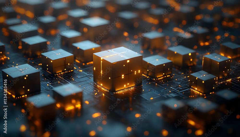 Poster a detailed view of glowing cubes on a circuit board, representing advanced technology.