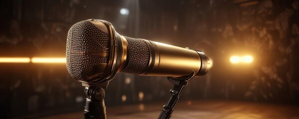 A microphone with a warm golden glow illuminates the dark space in front of it, soft light, mysterious ambiance