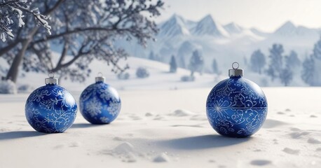 Blue ornaments on off-white background with a snowy landscape, decoration, blue, snowy