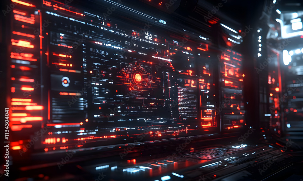 Poster a futuristic interface with glowing red elements, resembling advanced technology or data visualizati