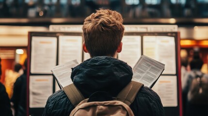 Person standing in front of a job listings board, scanning opportunities with a focused expression. The scene conveys the pursuit of career advancement and the search for meaningful employment.