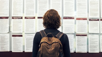 Person standing in front of a job listings board, scanning opportunities with a focused expression. The scene conveys the pursuit of career advancement and the search for meaningful employment.
