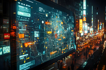 Obraz premium Futuristic cityscape with a digital map overlay, showcasing urban data and connectivity.