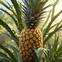 Obraz premium Pineapple on a sunny branch with hints of yellowing, plant, nature