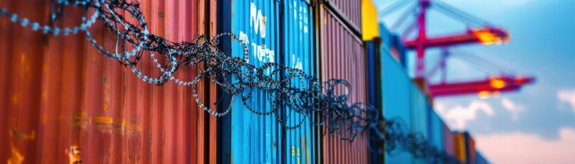 Barbed wire, containers, security, port.