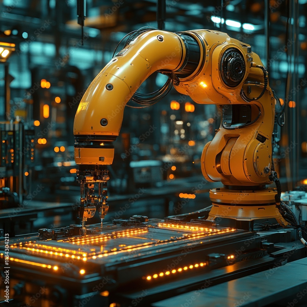 Poster a robotic arm assembling components in a high-tech industrial environment.