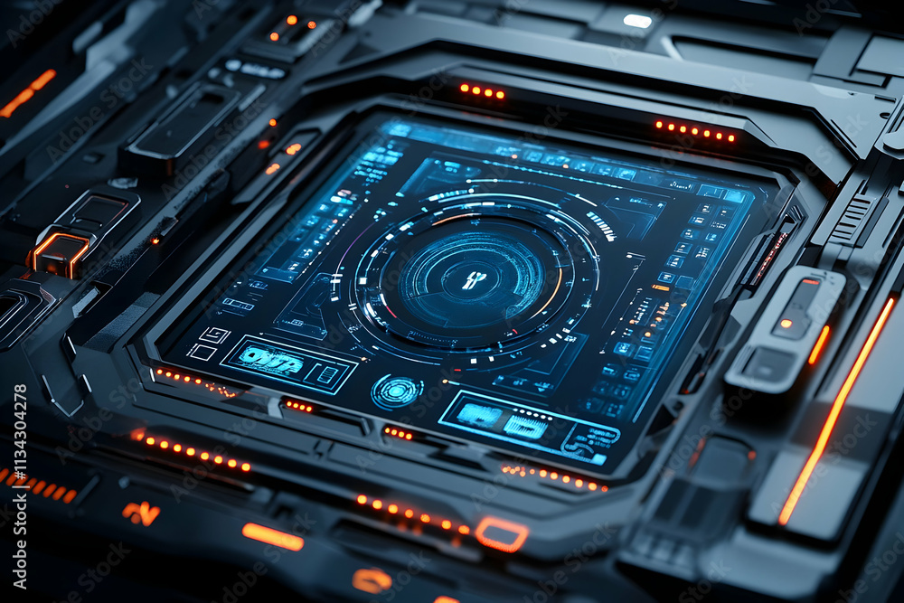 Poster futuristic interface with glowing elements and intricate design for technology applications.