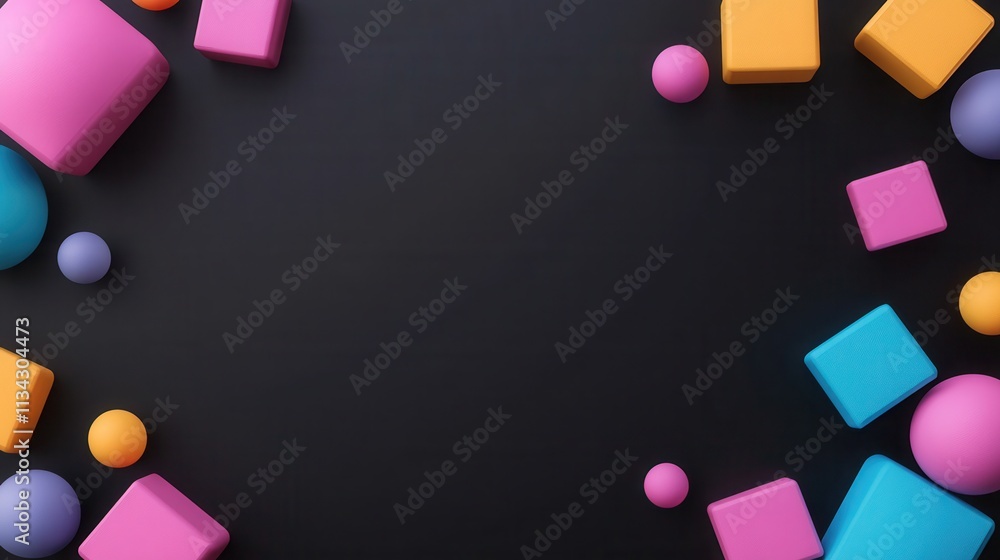 Poster a dynamic scene with colorful geometric shapes such as cubes and spheres in motion