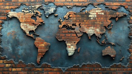 Brick world map, grunge texture; no people.