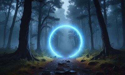 A misty forest illuminated by an ethereal blue light emanating from a glowing portal, eerie, entrance