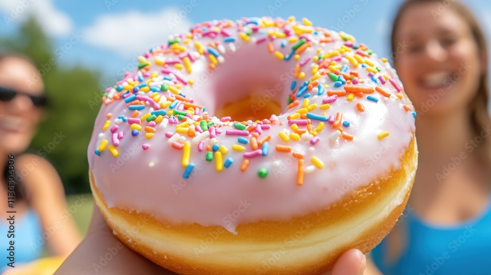 Poster a giant donut with colorful glaze and sprinkles being shared by a group of smiling friends in an out