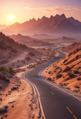 Fototapeta premium Desert landscape with a winding road and a stunning view of the mountain range at sunset, winding road, gentle slope, sunset