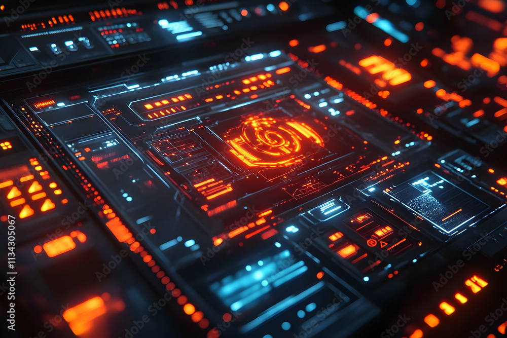 Poster futuristic digital interface with glowing elements and intricate patterns.