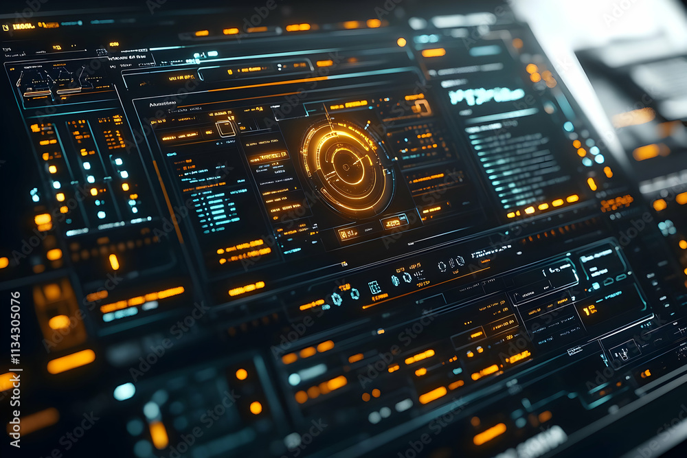 Poster a futuristic interface displaying data and analytics in vibrant colors.