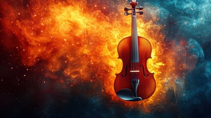 Fototapeta premium Violin engulfed in fiery, smoky swirls.